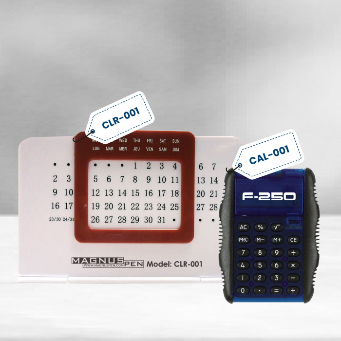 A product array of office supply promo products, CLR-001 and CAL-001.