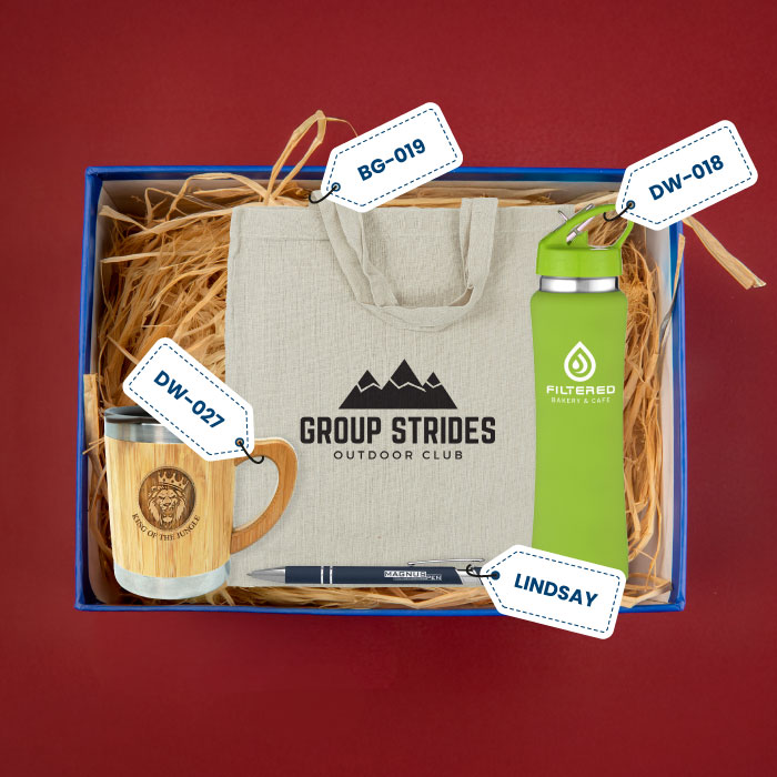 A gift box filled with promotional products like DW-027, BG-019, DW-018 and LINDSAY.