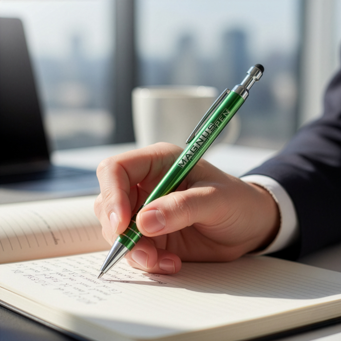 An image of a promo Magnus pen being used to write in a notebook.