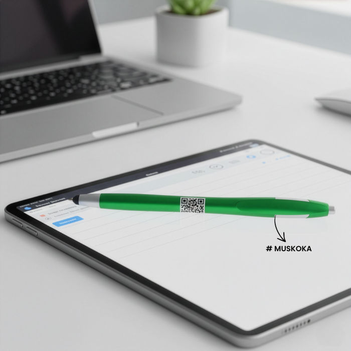 A lifestyle image featuring a Plastic Plunger Action Pen resting on a tablet where the pen&rsquo;s barrel clearly displays a crisp, full-color QR code. 