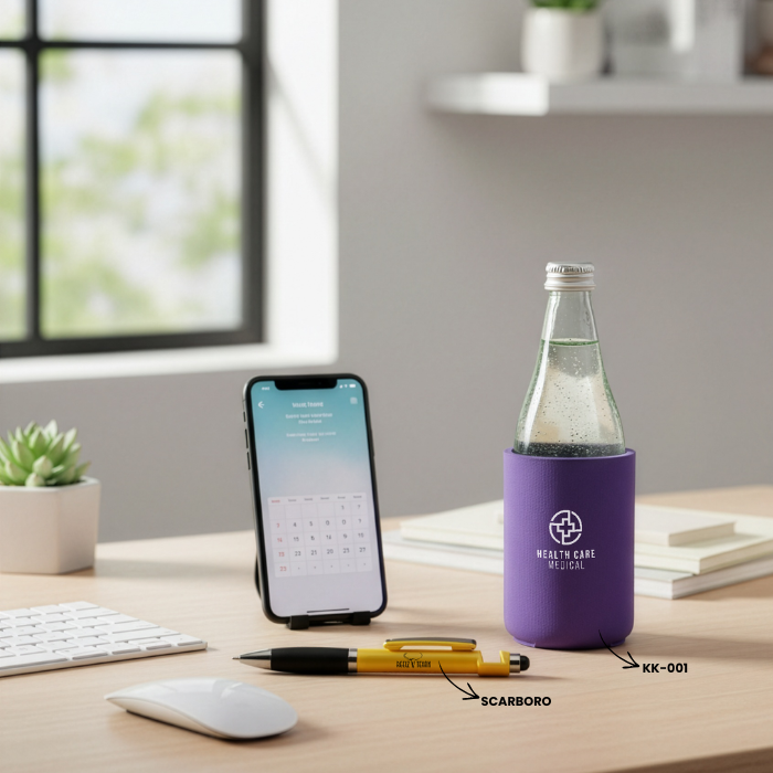 A lifestyle shot of a modern home office desk with the Kan Kooler (#KK-001) holding a sparkling water bottle and a sleek Scarboro Pen (#SCARBORO) on the side.