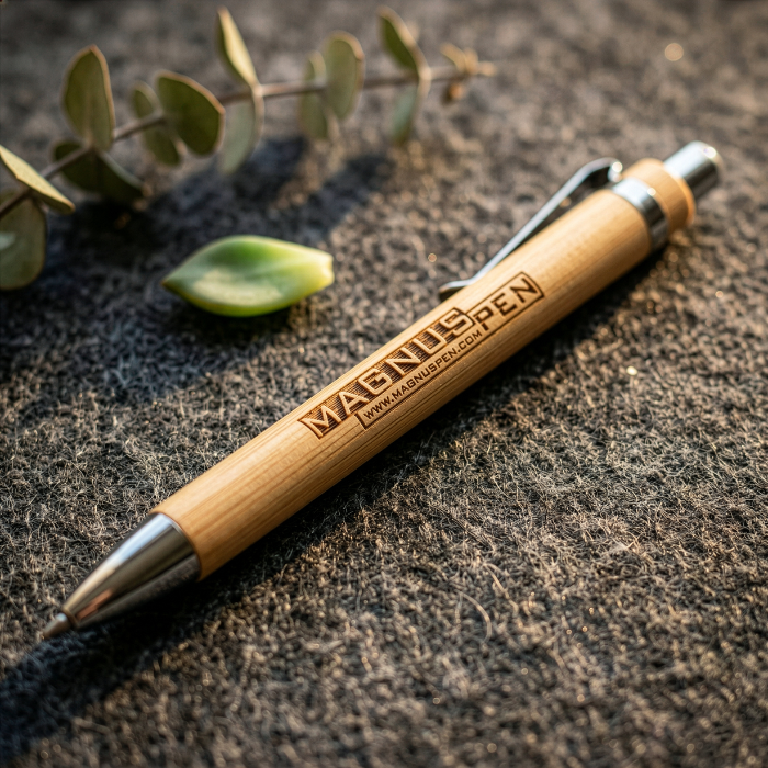 The BAMBOO Pen (#TRACE) is shown resting diagonally across a charcoal-grey outdoor surface.
